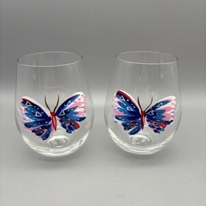 EttaVee Stemless Wine Glasses Hand Painted Butterfly Set Of 2